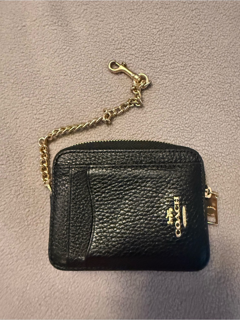 Coach Black Pebbled Leather Card Holder with Gold Chain